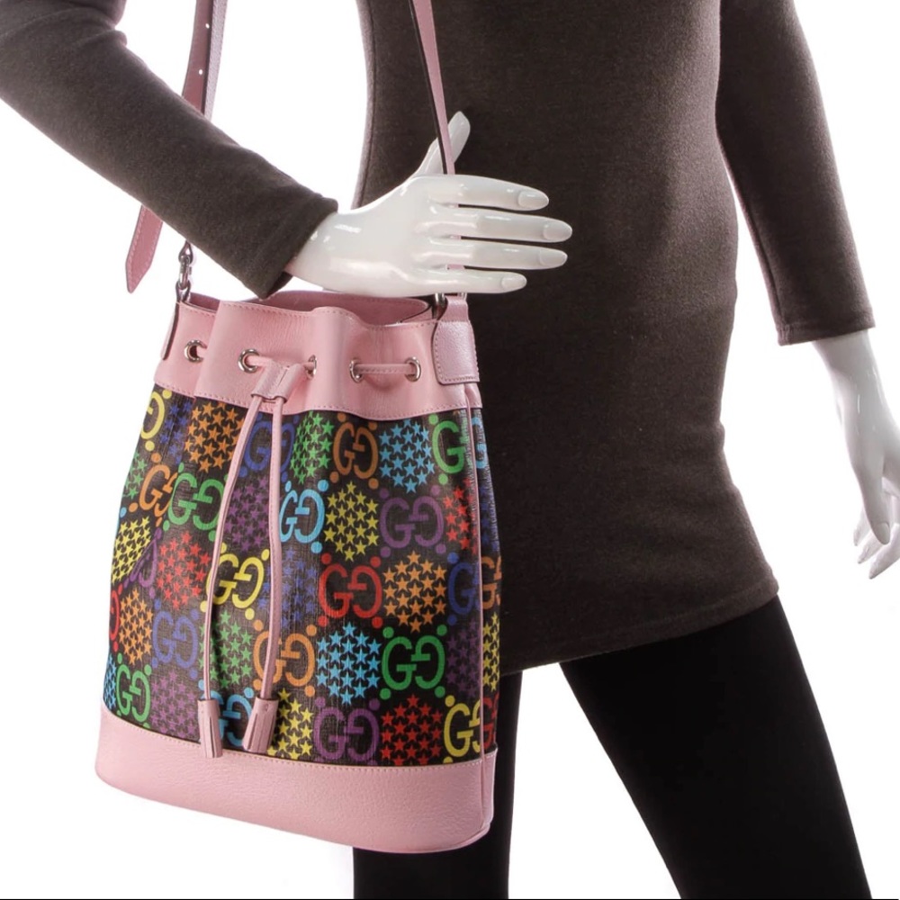 Gucci Psychedelic Multicolor Print Bucket Bag Pink with Drawstring - Picture 1 of 16